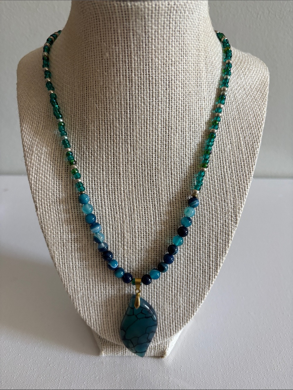 Handmade Teal and Blue Beaded Necklace with Teardrop Pendant